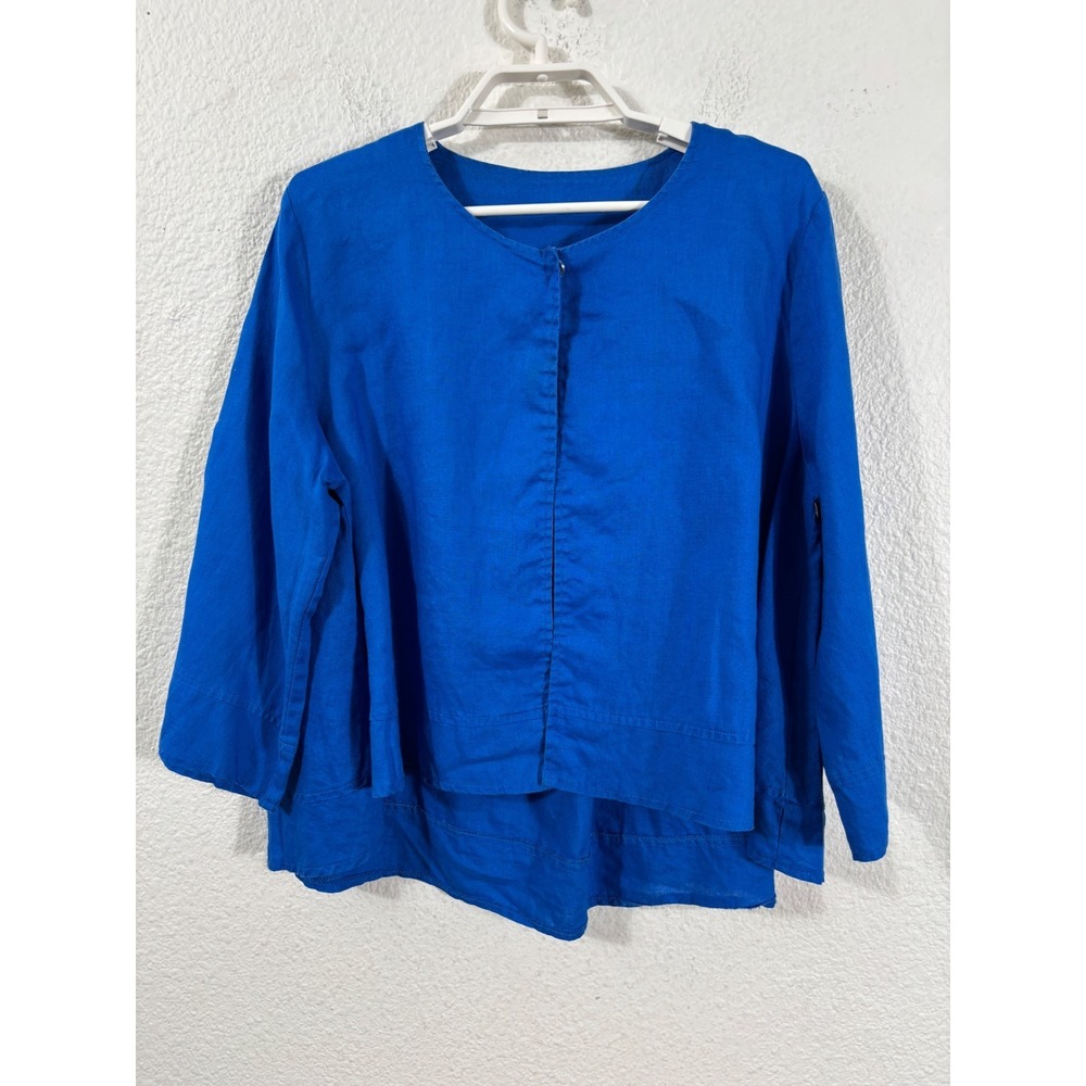 Richard Malcolm Cardigan Size L Blue Linen Lagenlook Boxy Top 3/4 Sleeve